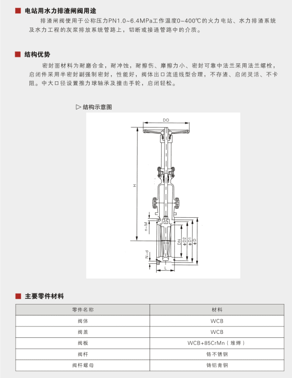 Power station hydraulic slag discharge gate valve Parameter